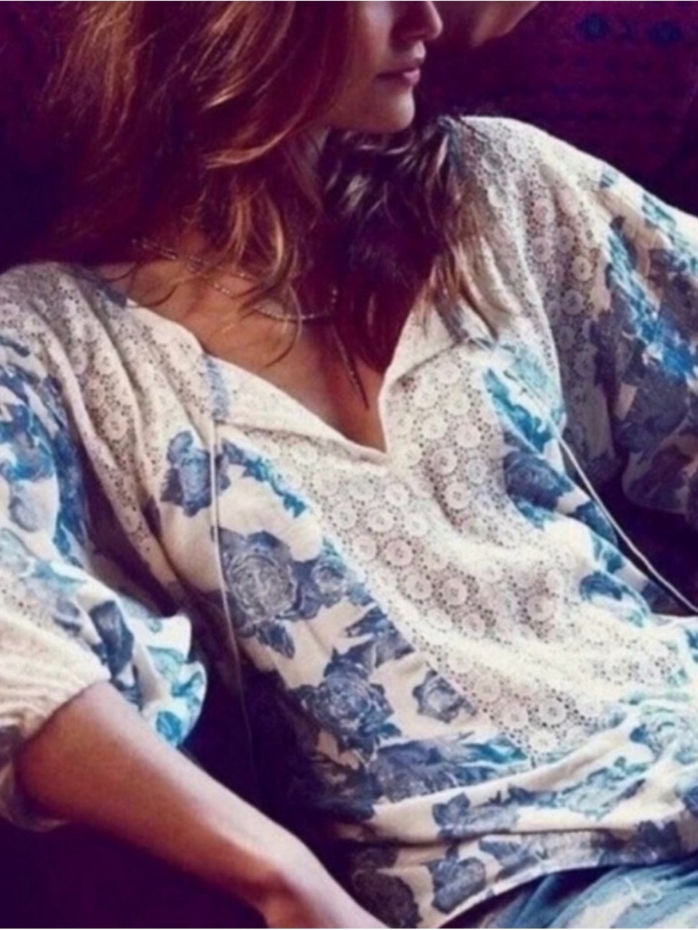 Free People Moon River Peasant Blouse Floral Lace Jacquard Blue Ivory Size S